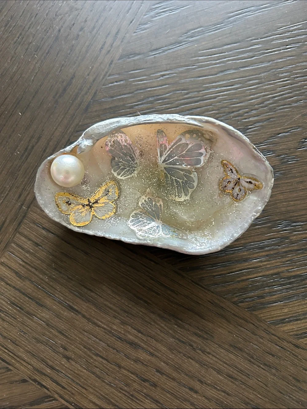 Handmade Butterfly Resin Trinket Dish Shell Pearl Set Accents NWOT